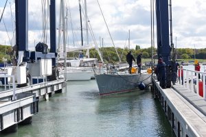 Tracy Edwards yacht Maiden being lifted out at Hamble Yacht Services on the River Hamble. Photo: Rick Tomlinson